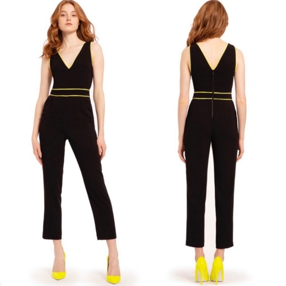 ALICE + OLIVIA NWT Black Jeri Neon Yellow Piped Jumpsuit Size 6